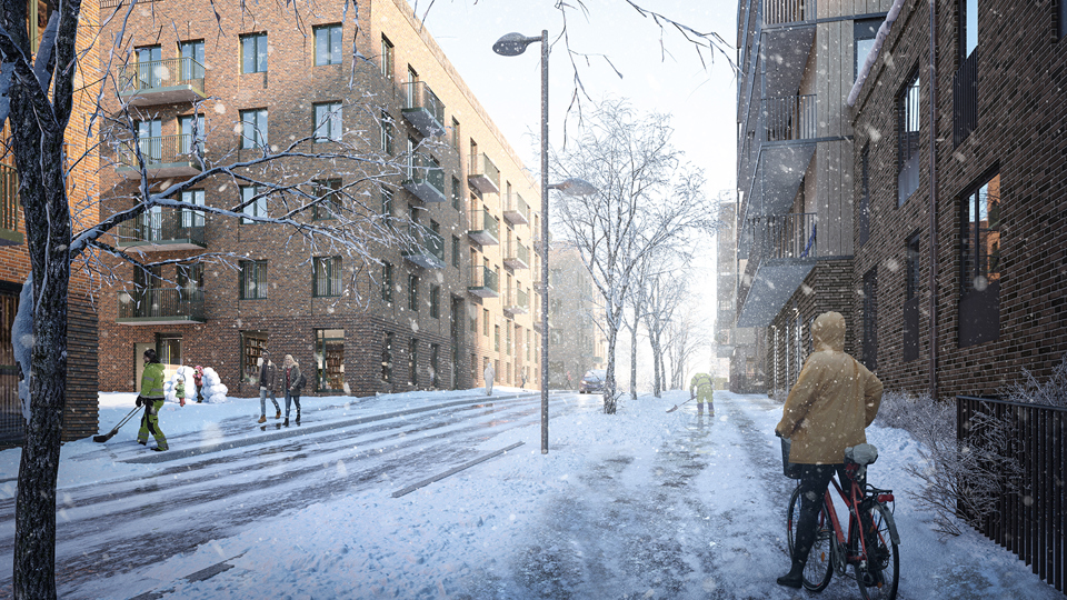 Flerbostadshus med tegelfasad på båda sidor om gatan, Människor i rörelse som skottar snö och promenerar. Träd  vid gatan. Illustration